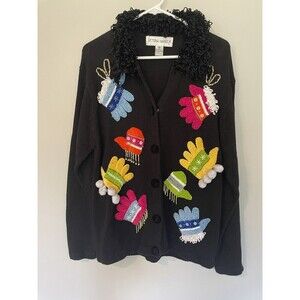 Vintage Victoria Harbour Winter Mittens Cardigan Sweater Black Size M Grannycore